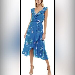 👉🏼LIKE NEW👈🏼 Women’s High-Low Faux Wrap Feminine Floral Blue Dress by Socialite